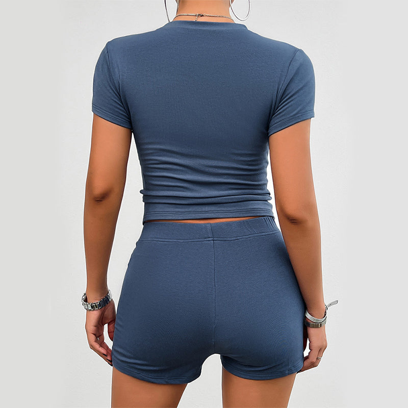 Woman wearing matching T-shirt and shorts set