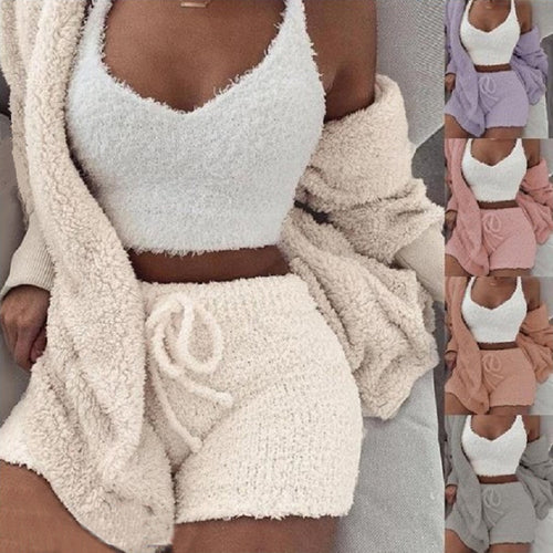 Women's 3-piece velvet pajama set with cami top and shorts