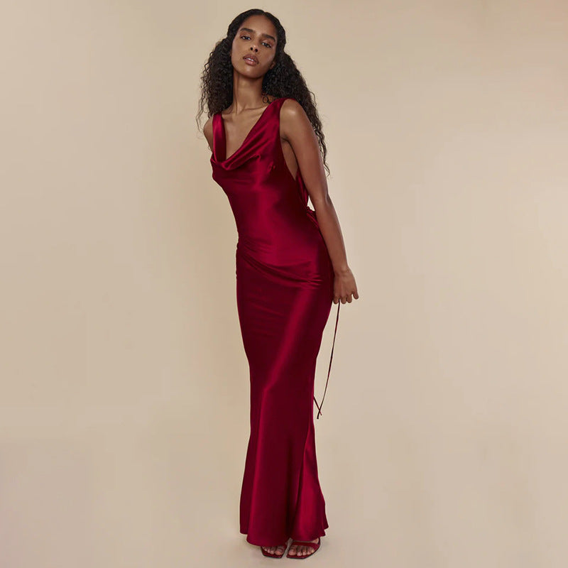 Women's backless lace-up satin evening gown, front view