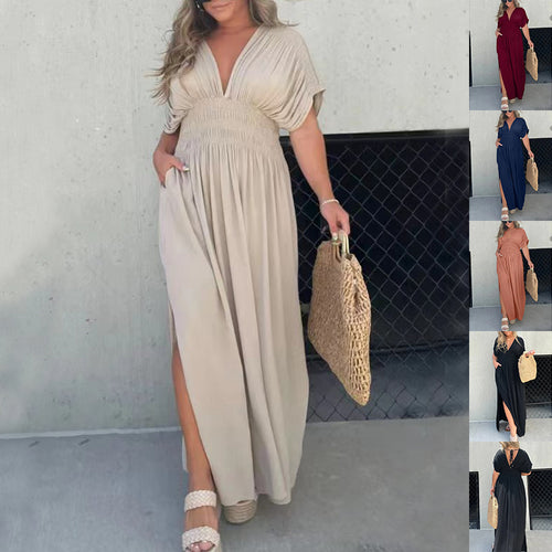 Women's bat-sleeve V-neck slit maxi dress, front view
