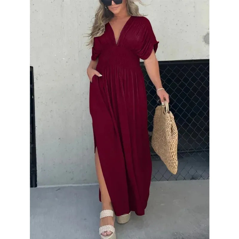 Close-up of bat sleeve detail on maxi dress
