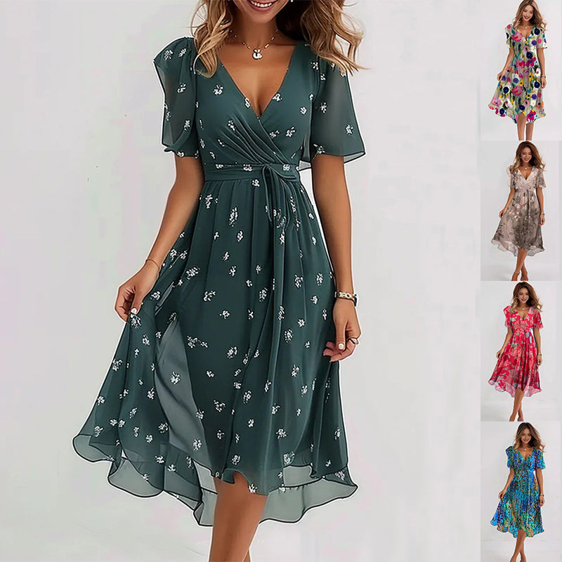 Women's chiffon V-neck midi dress, front view