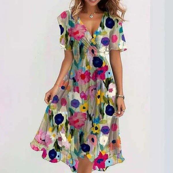 Woman wearing chiffon V-neck printed midi dress