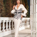 Women's feather trim bandage formal dress, front view