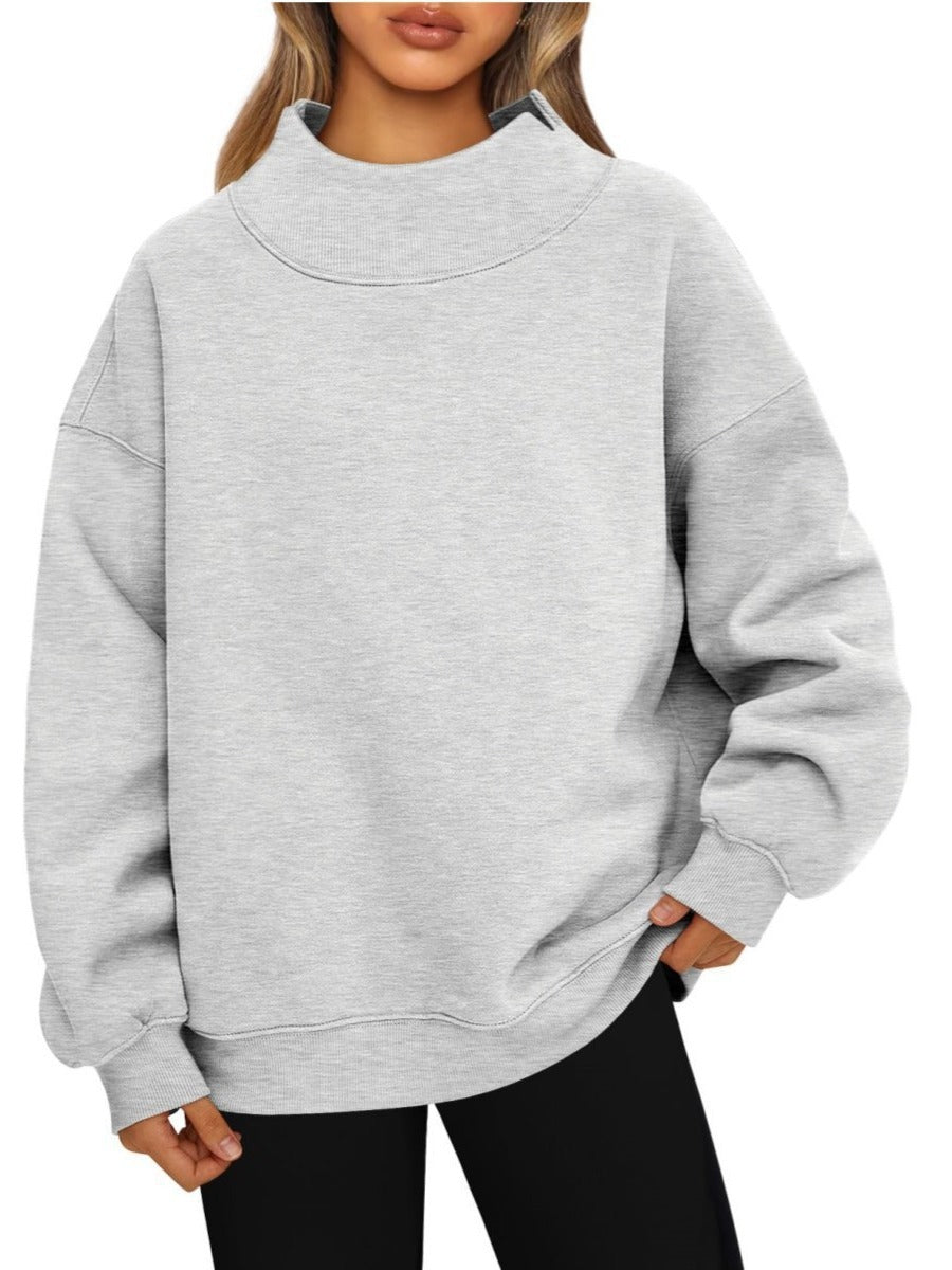 Women's fleece-lined high neck pullover sweatshirt in light gray