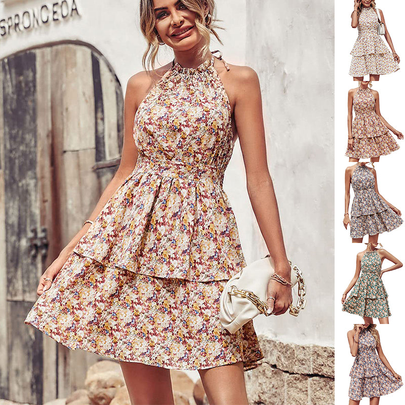 Women's halter backless ruffled beach dress, front view