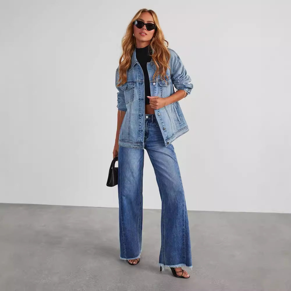 Woman wearing high waist wide-leg jeans