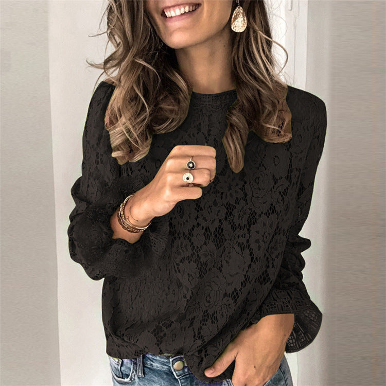 Woman wearing hollow lace panel blouse