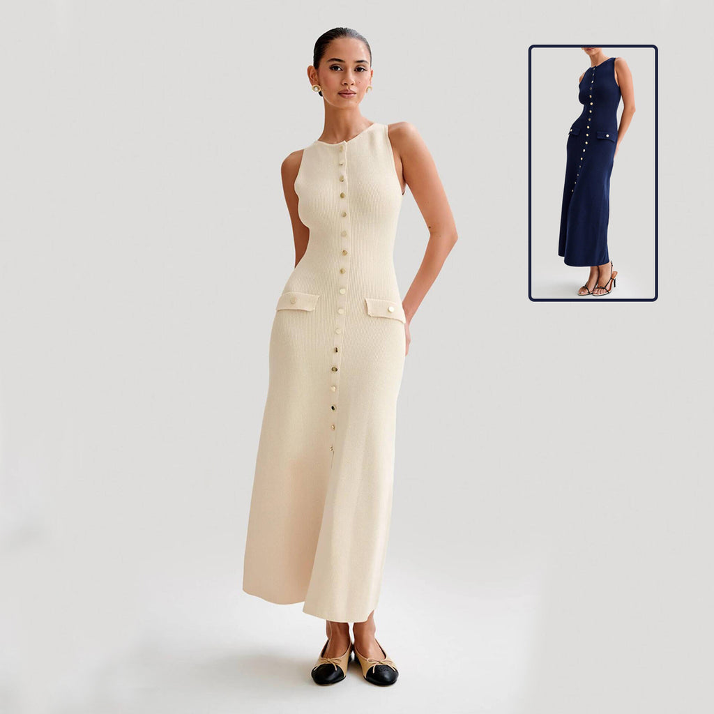 Women's knitted sleeveless long dress, front view