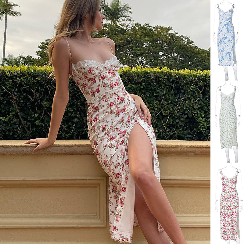 Women's lace floral print slit suspender dress, front view