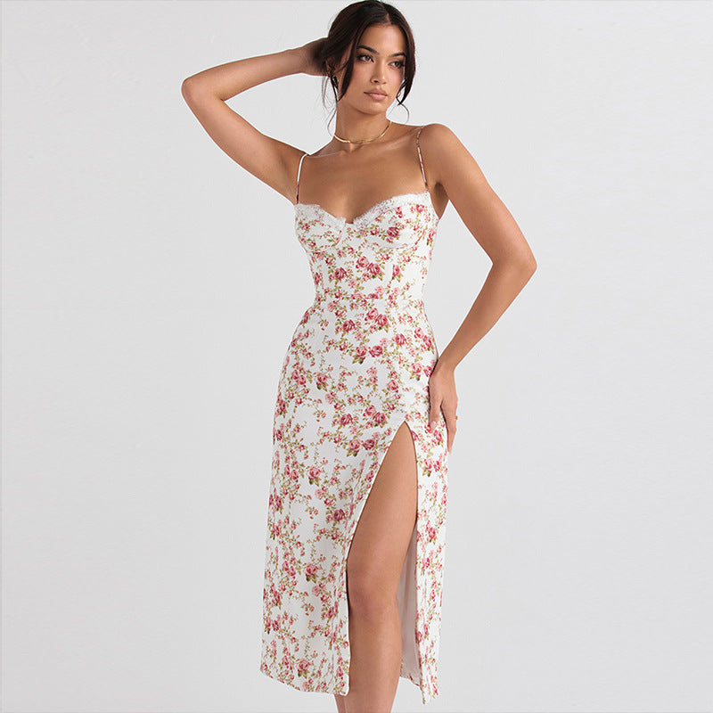 Thigh slit detail on women's suspender maxi dress