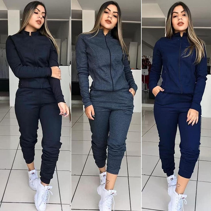 Women's long sleeve pants suit twinset, front view