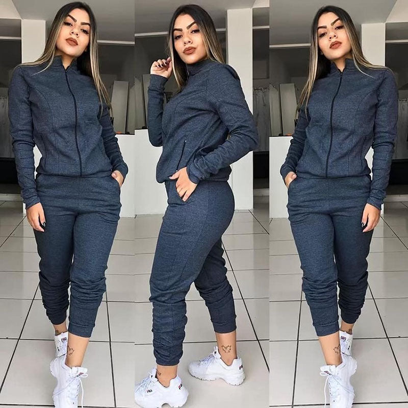 Woman wearing matching long sleeve pants suit set
