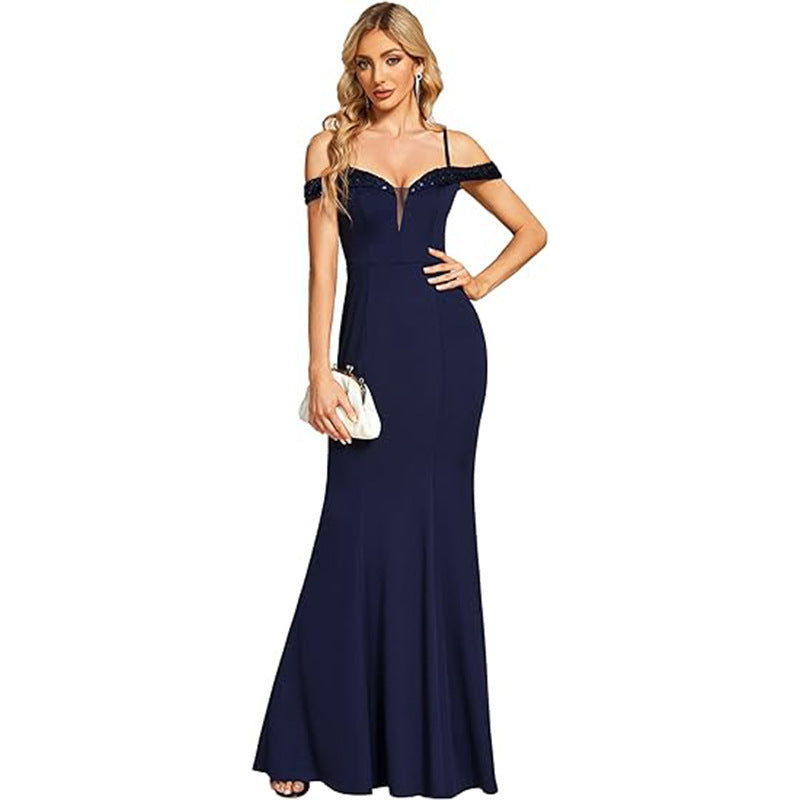 Women's off-shoulder sling evening gown, front view