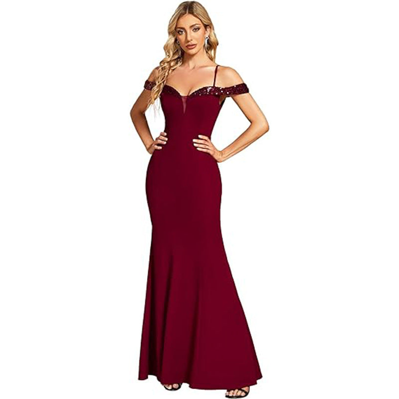Women's off-shoulder evening gown back view