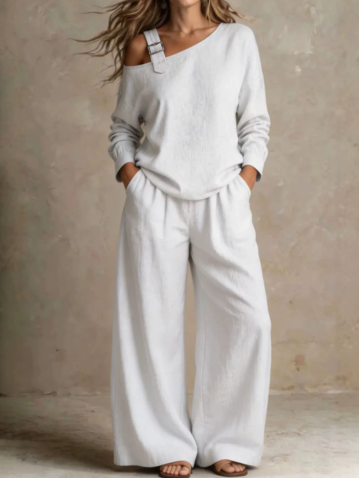 Color and size options for women's linen two-piece set