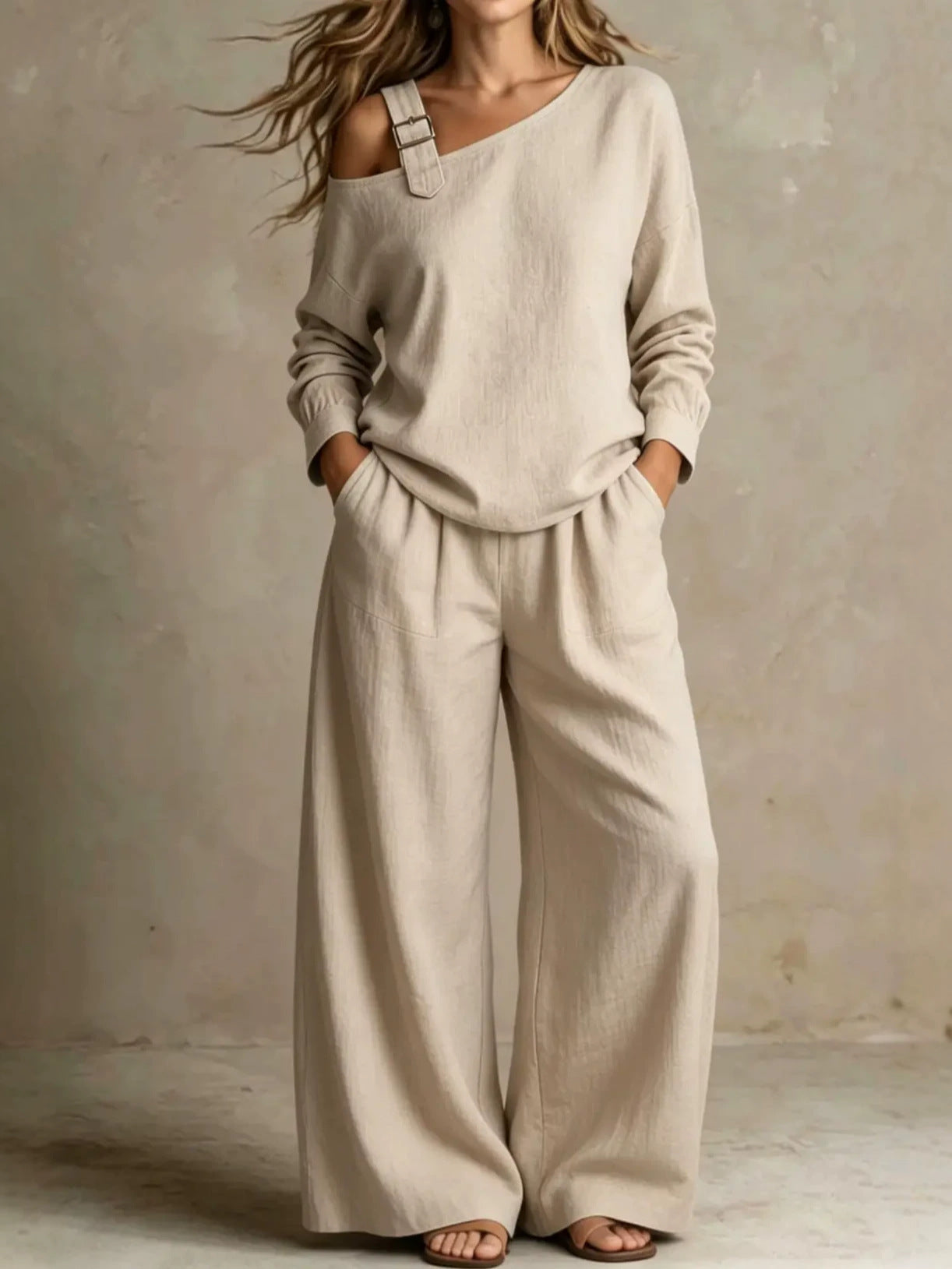 Close-up of linen blend fabric texture on one-shoulder top