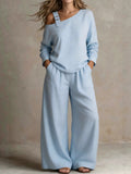 Women's one-shoulder linen blend two-piece set in light blue