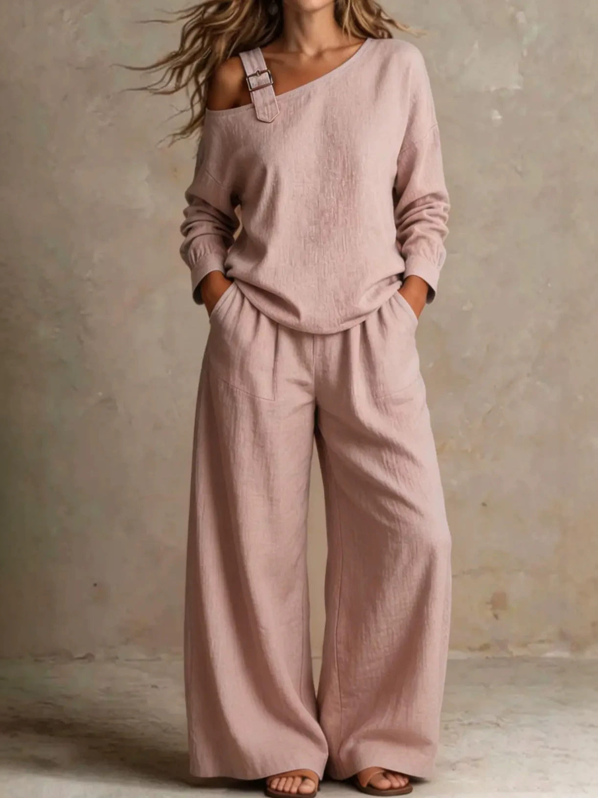 Women's one-shoulder two-piece set in lotus color