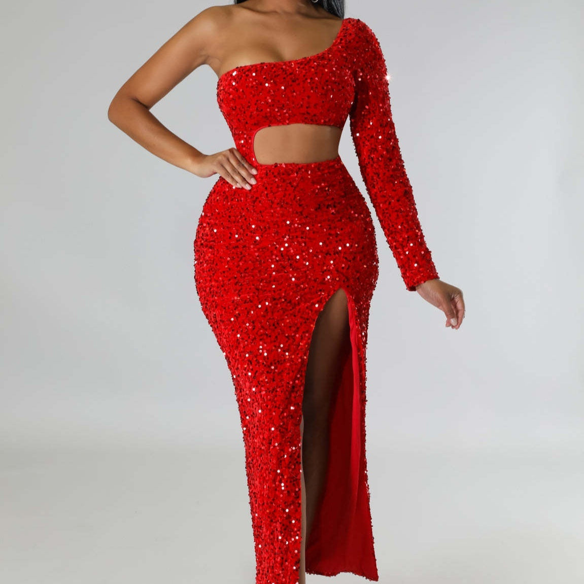 Women's one-shoulder sequin bodycon dress, front view