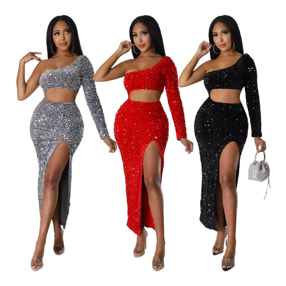 Woman wearing one-shoulder sequin bodycon dress