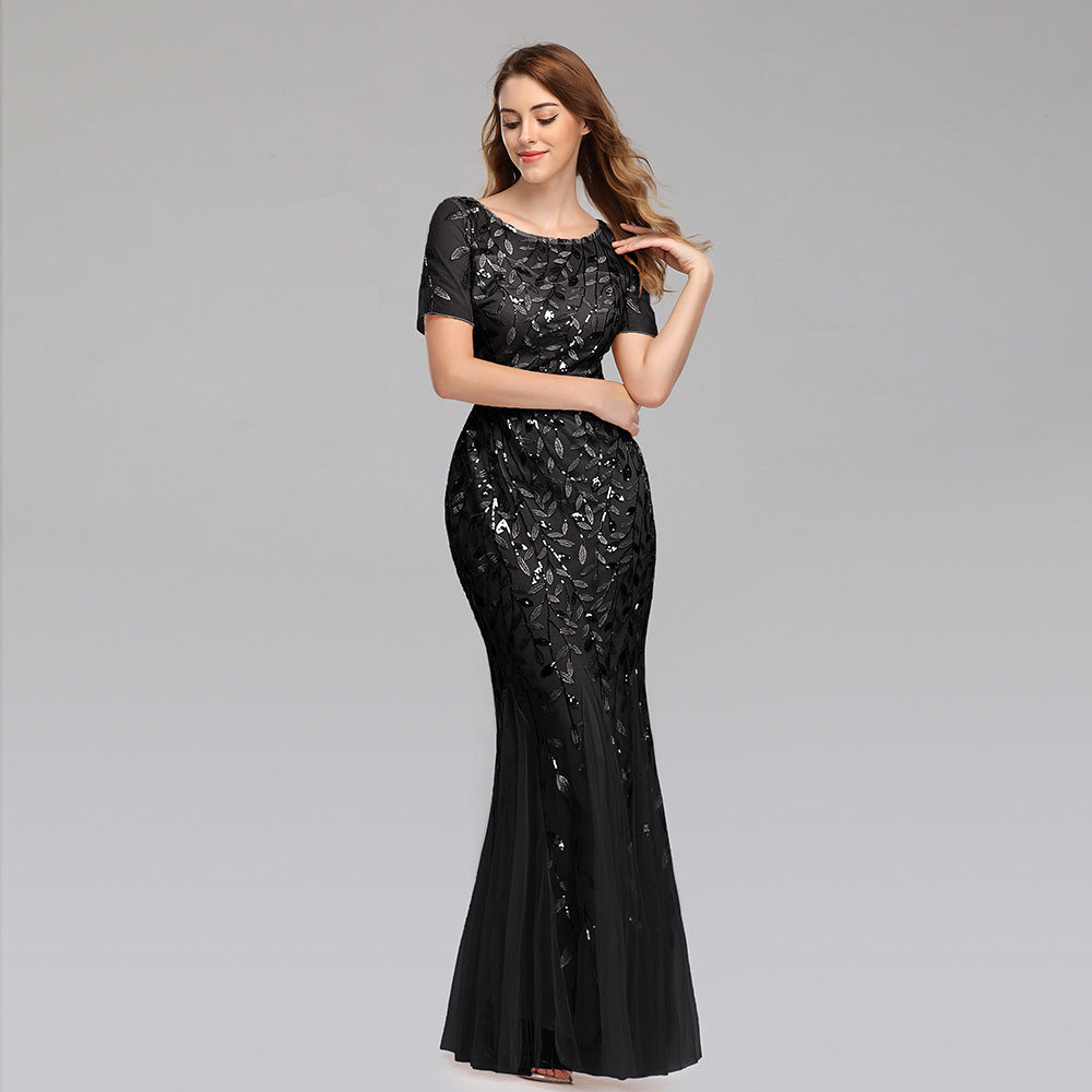 Women's plus size pearl mesh fishtail evening dress, front view