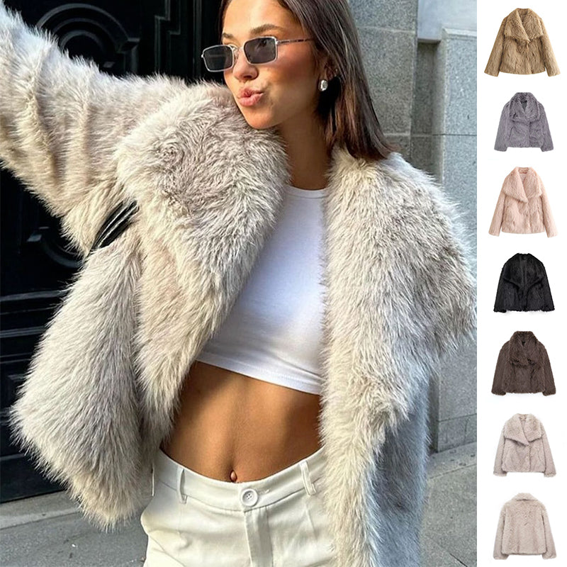 Women's plush fluffy lapel winter coat, front view