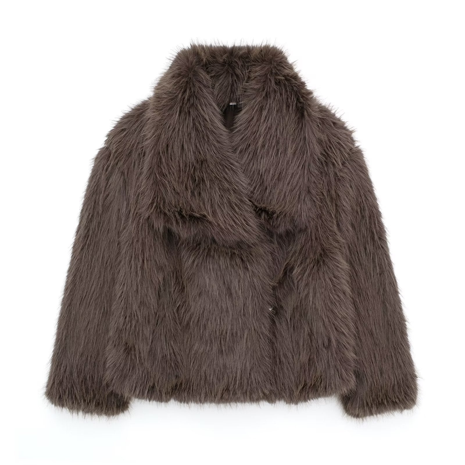 Woman wearing plush winter coat, alternate look