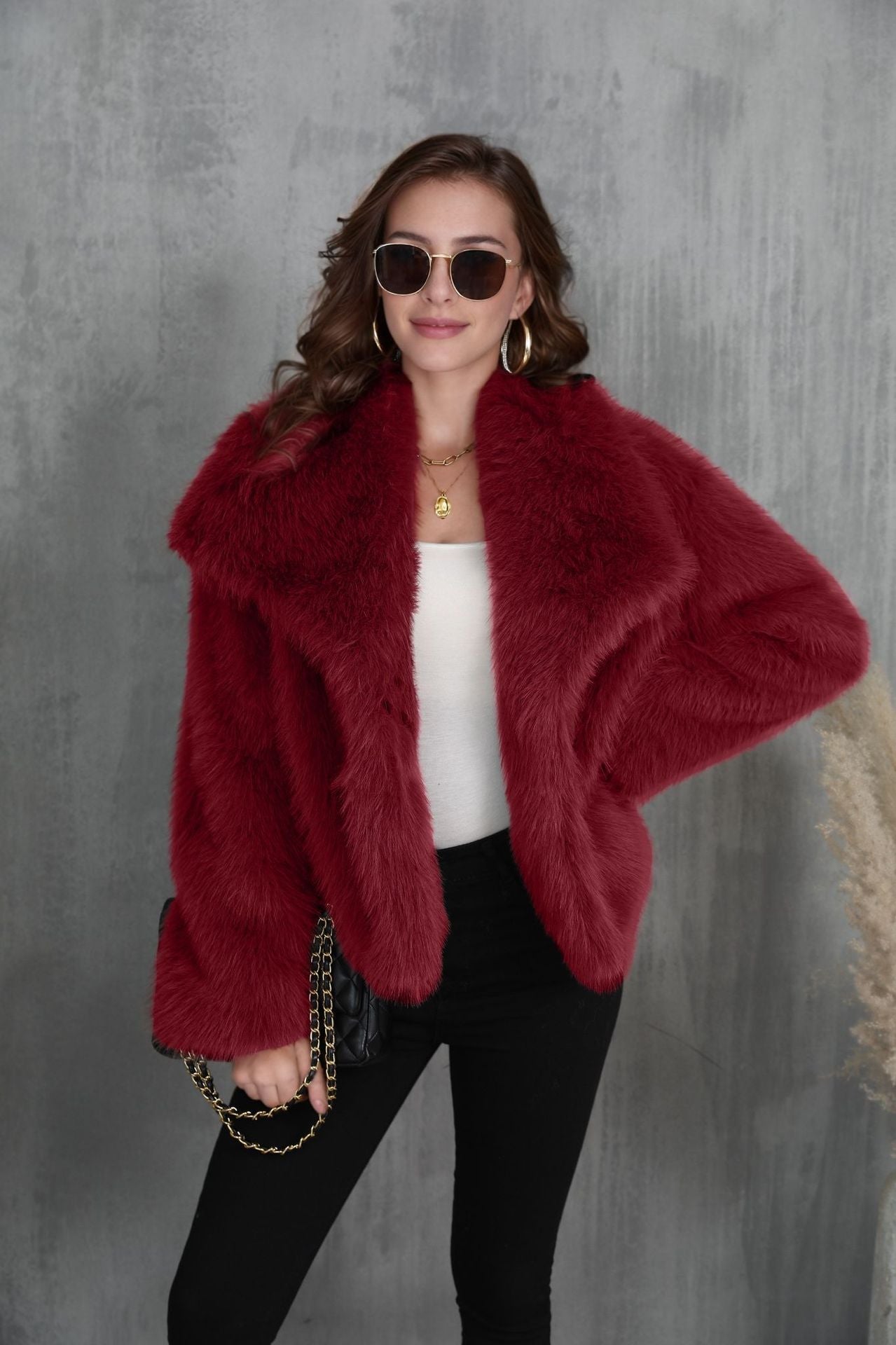 Women's plush winter coat lifestyle photo