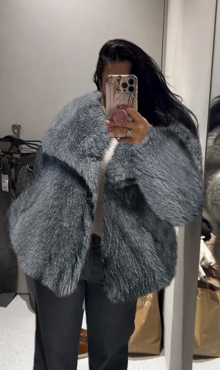Women's plush winter coat side view