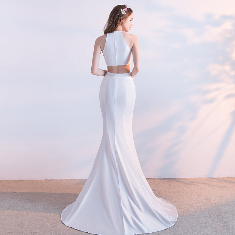 Halter neckline detail on women's evening gown