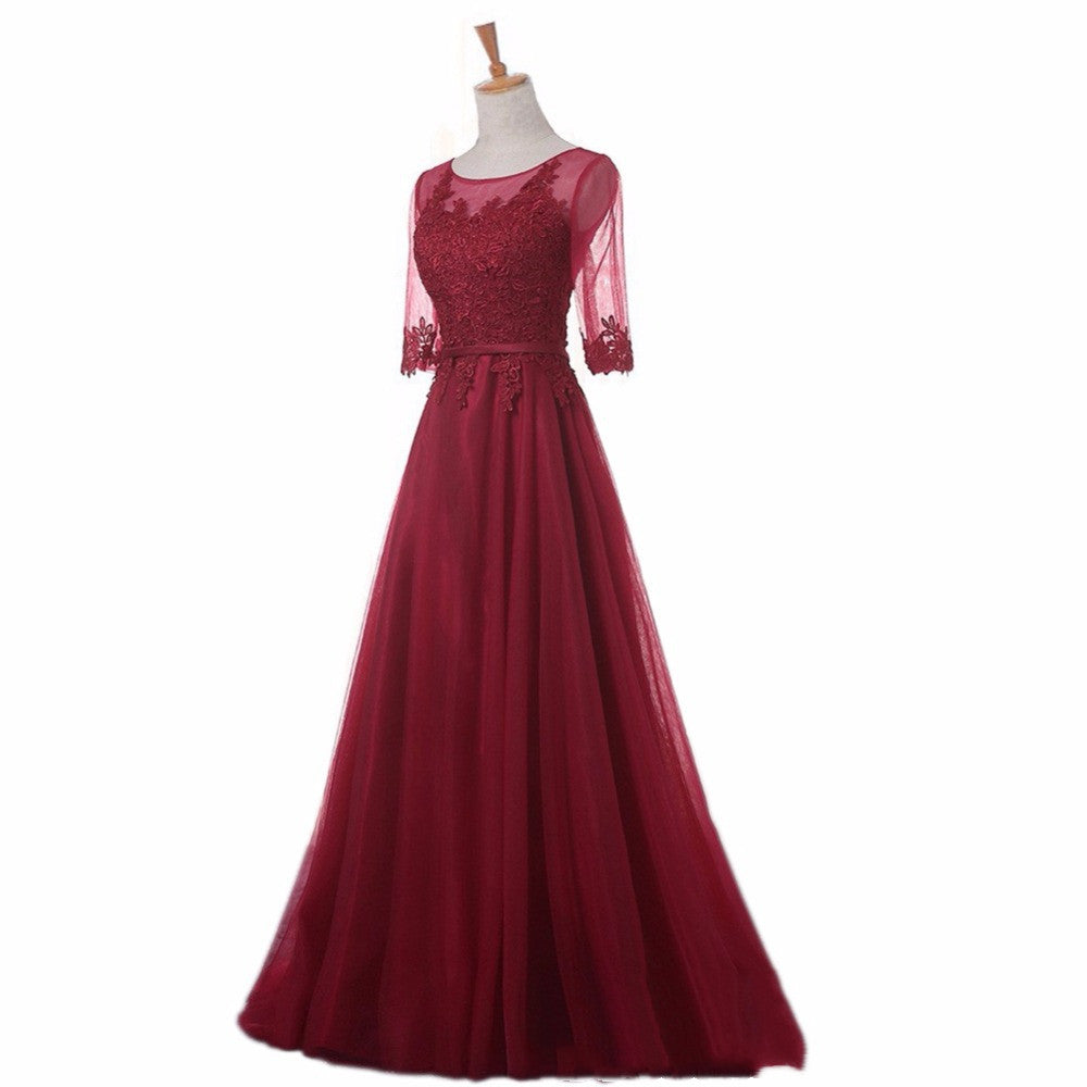 Women's red mesh long evening gown, front view