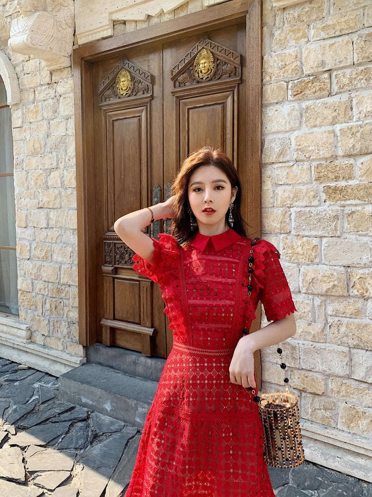 Hollow lace detailing on women's retro dress