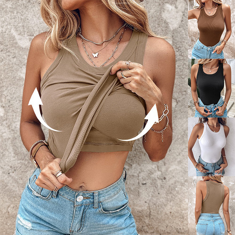 Women's round neck vest top with built-in bra, front view