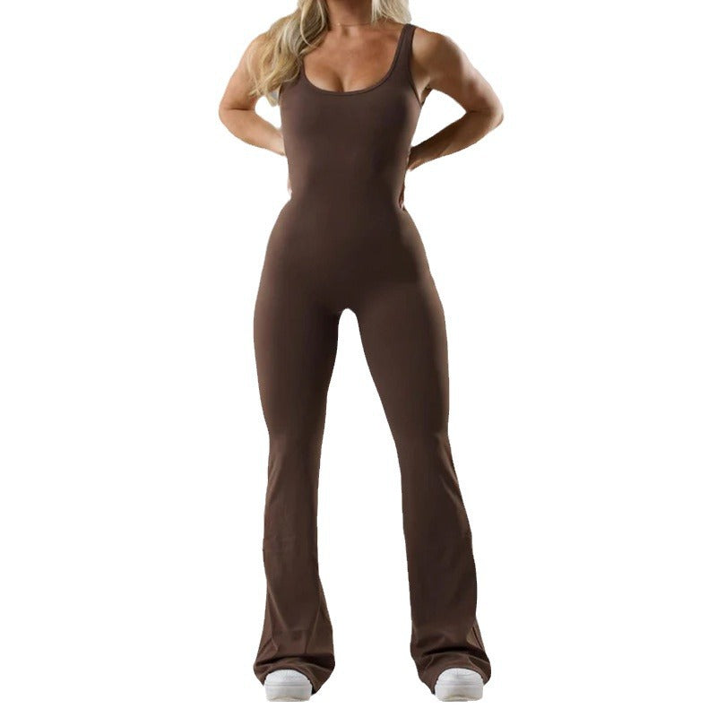 Woman wearing seamless hollow-back yoga bodysuit