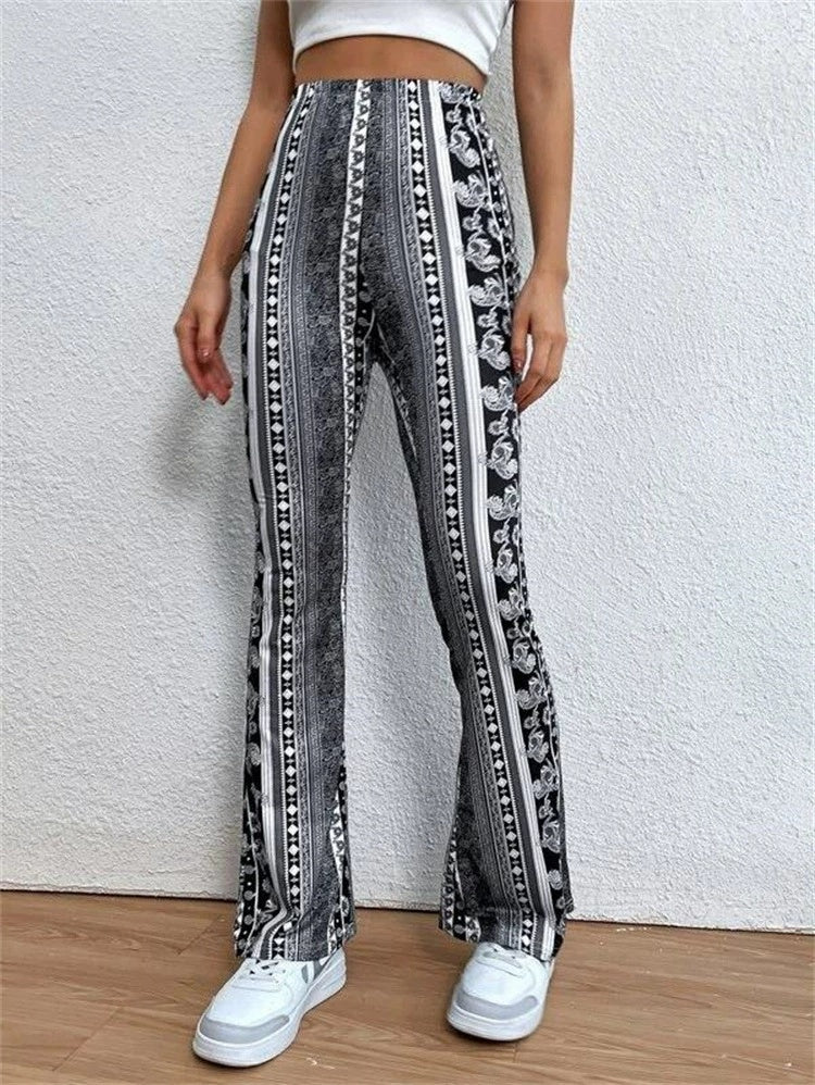Women's printed stretch trousers, full outfit view