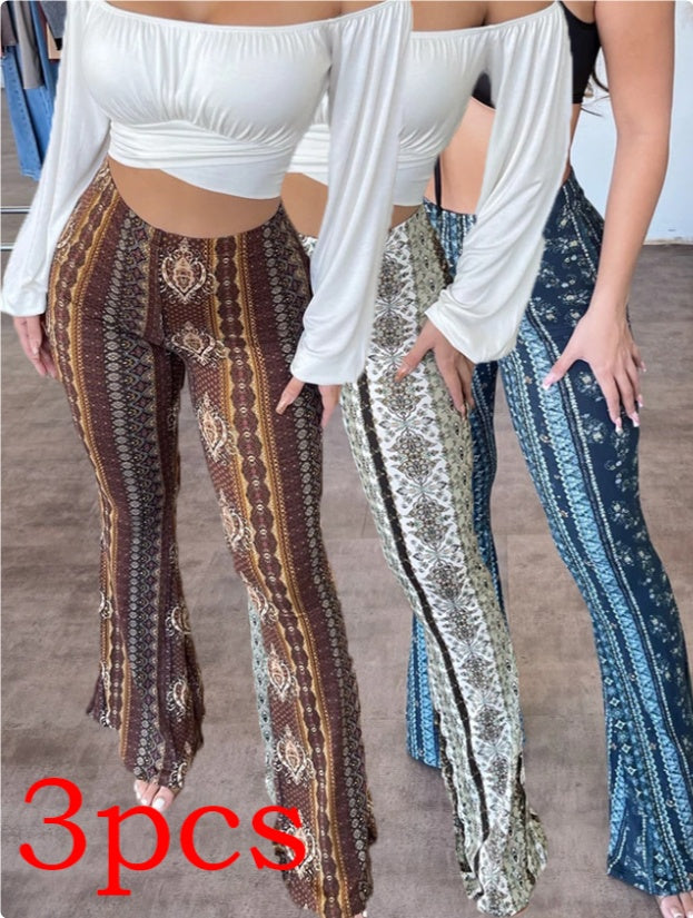 Woman wearing printed stretch trousers, lifestyle shot
