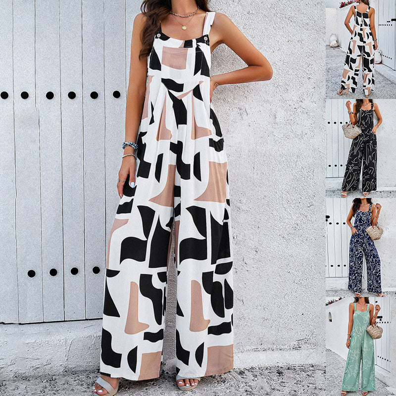 Women's square neck printed jumpsuit, front view