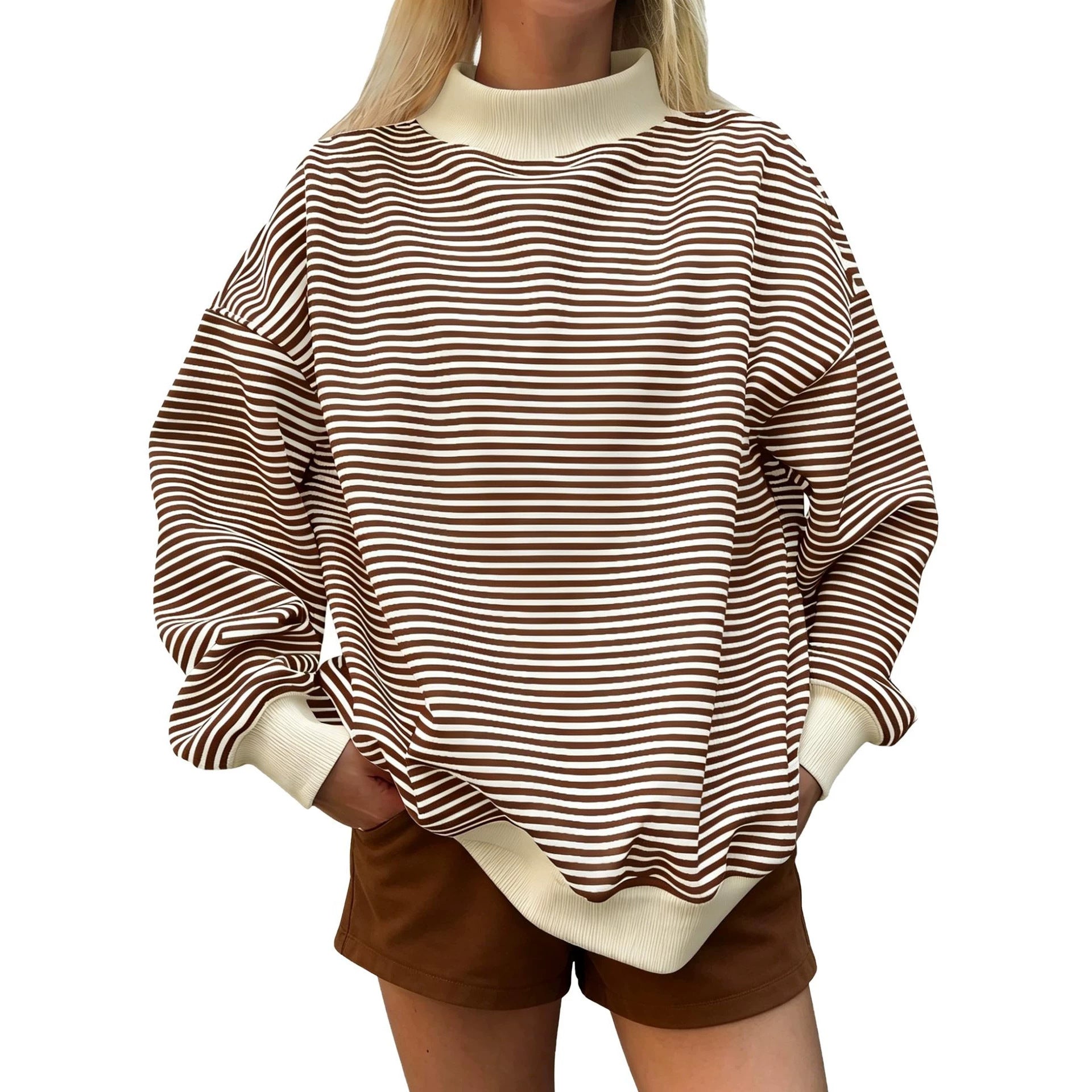 Women's striped pullover sweatshirt in brown