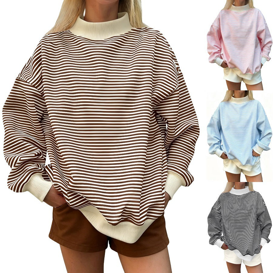 Women's striped long sleeve pullover sweatshirt in pink