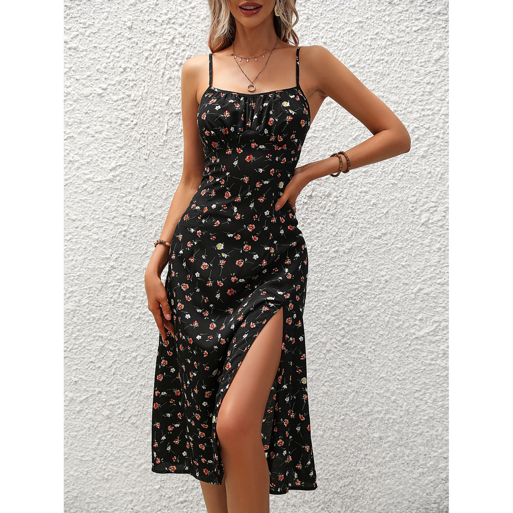 Woman wearing suspender split maxi dress