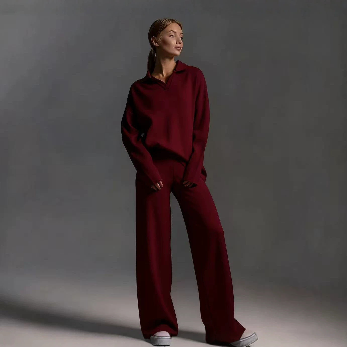 Women's mock neck sweater and wide-leg pants two-piece set in black