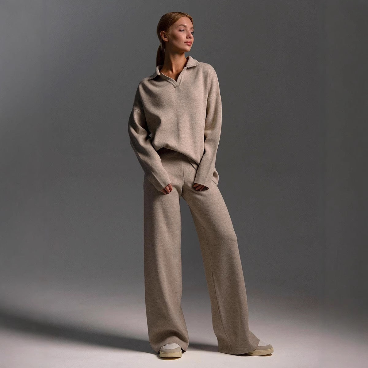 Women's two-piece outfit set in brown color