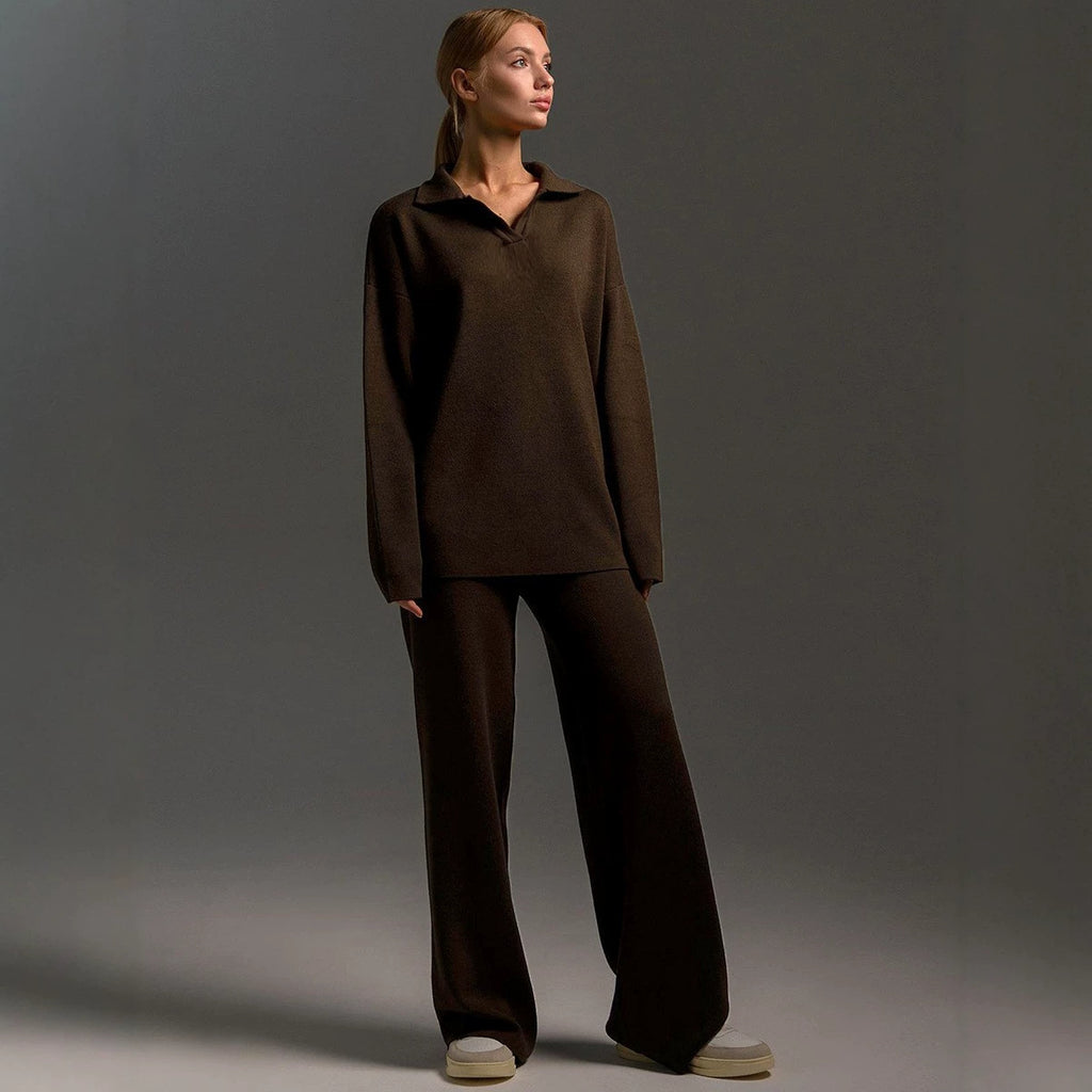 Wide-leg pants detail from women's two-piece sweater outfit set