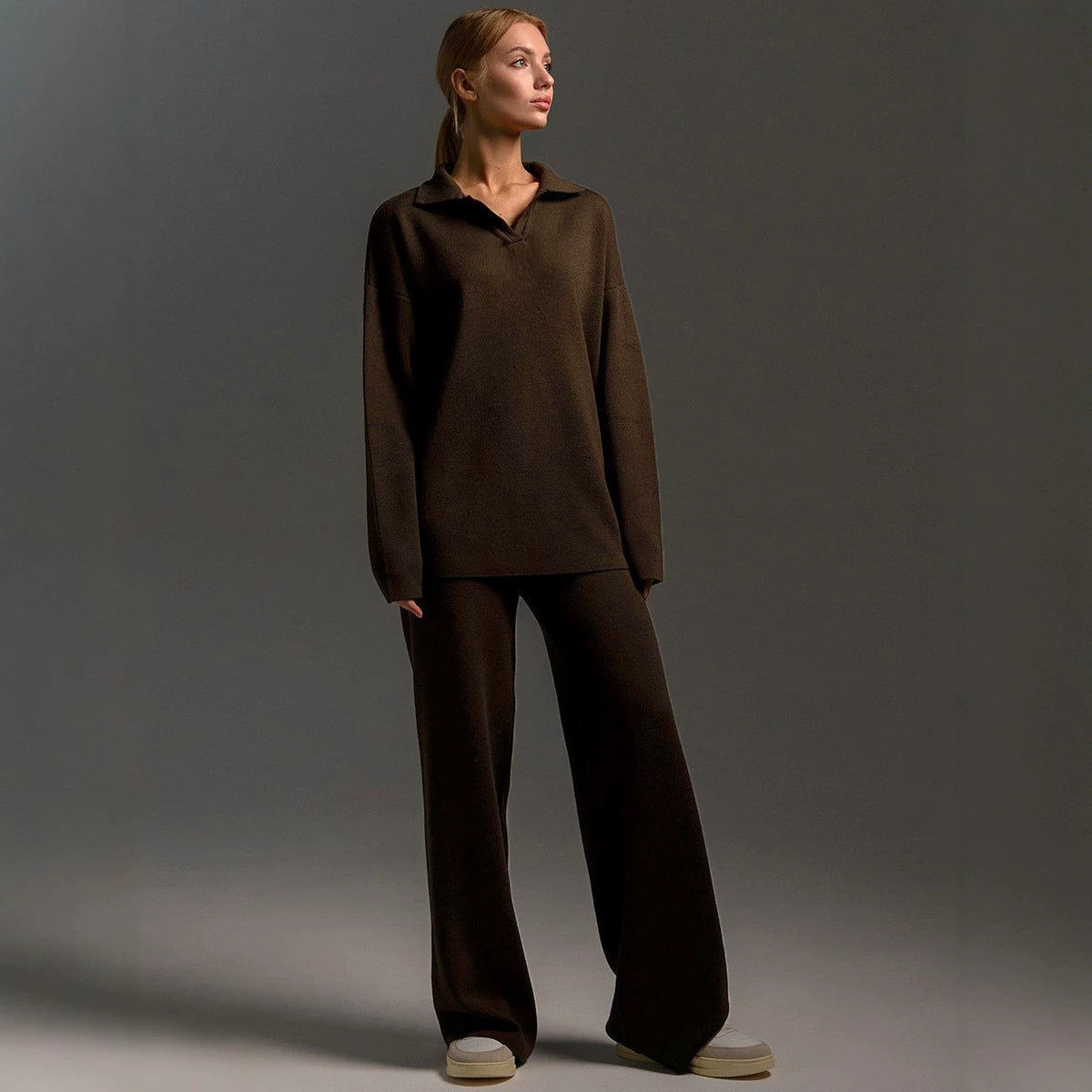 Wide-leg pants detail from women's two-piece sweater outfit set