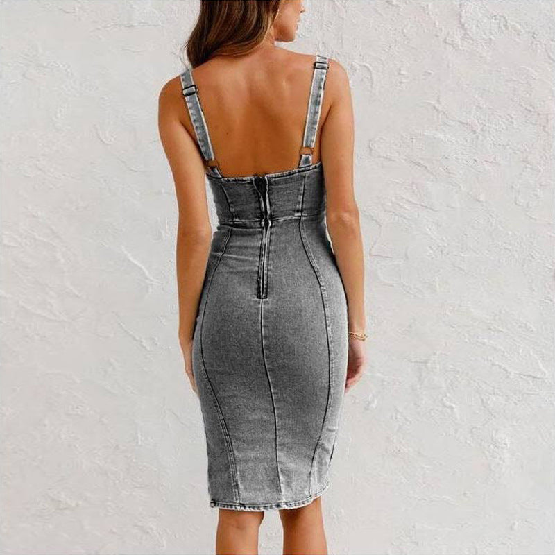 Close-up of denim fabric texture on suspender dress