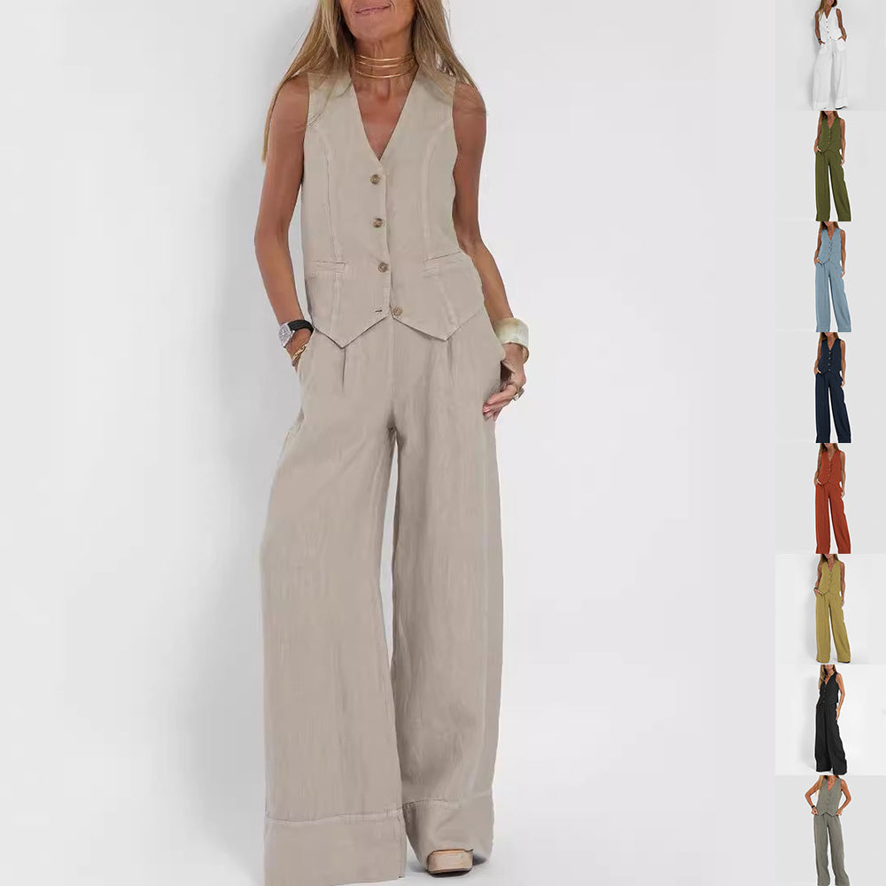 Women's V-neck vest and trouser set, front view