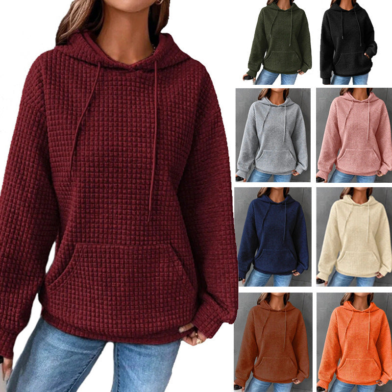 Women's waffle knit hoodie sweater, front view